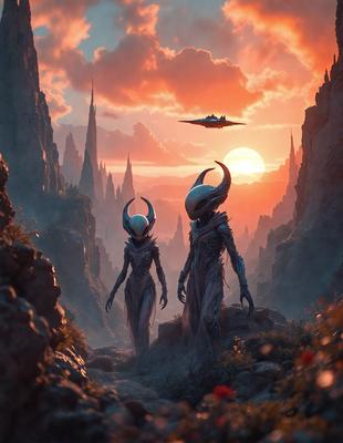 The primary subject of the image is a pair of alien-like creatures, possibly resembling elves or otherworldly beings, walking through a rocky landscape. The setting is a mountainous area with a sunset in the background, creating a dramatic and atmospheric scene. The visual style is a digital art or illustration, with the aliens and the surrounding environment depicted in a detailed and intricate manner. The colors and mood of the image are predominantly dark and moody, with the